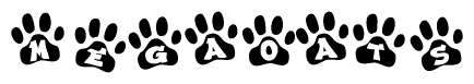 The image shows a series of animal paw prints arranged horizontally. Within each paw print, there's a letter; together they spell Megaoats