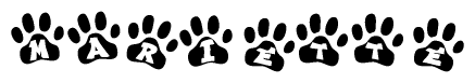 The image shows a series of animal paw prints arranged in a horizontal line. Each paw print contains a letter, and together they spell out the word Mariette.
