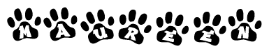 The image shows a series of animal paw prints arranged horizontally. Within each paw print, there's a letter; together they spell Maureen