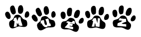 The image shows a series of animal paw prints arranged in a horizontal line. Each paw print contains a letter, and together they spell out the word Muenz.