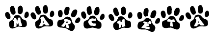 The image shows a row of animal paw prints, each containing a letter. The letters spell out the word Marcheta within the paw prints.