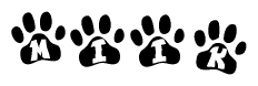 The image shows a series of animal paw prints arranged horizontally. Within each paw print, there's a letter; together they spell Miik