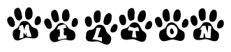 The image shows a series of animal paw prints arranged horizontally. Within each paw print, there's a letter; together they spell Milton