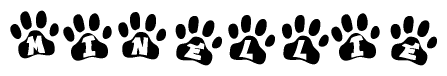 The image shows a series of animal paw prints arranged in a horizontal line. Each paw print contains a letter, and together they spell out the word Minellie.