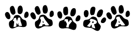 The image shows a series of animal paw prints arranged in a horizontal line. Each paw print contains a letter, and together they spell out the word Mayra.