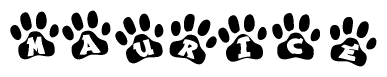 The image shows a series of animal paw prints arranged in a horizontal line. Each paw print contains a letter, and together they spell out the word Maurice.