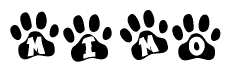 The image shows a series of animal paw prints arranged horizontally. Within each paw print, there's a letter; together they spell Mimo