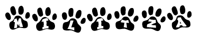 The image shows a row of animal paw prints, each containing a letter. The letters spell out the word Militza within the paw prints.