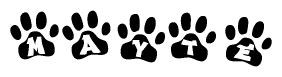 The image shows a series of animal paw prints arranged horizontally. Within each paw print, there's a letter; together they spell Mayte