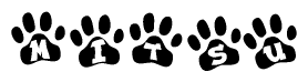 The image shows a series of animal paw prints arranged horizontally. Within each paw print, there's a letter; together they spell Mitsu