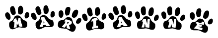 The image shows a series of animal paw prints arranged horizontally. Within each paw print, there's a letter; together they spell Marianne