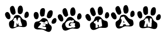 The image shows a series of animal paw prints arranged in a horizontal line. Each paw print contains a letter, and together they spell out the word Meghan.