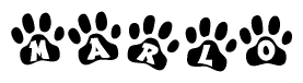 The image shows a series of animal paw prints arranged in a horizontal line. Each paw print contains a letter, and together they spell out the word Marlo.