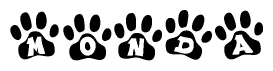 The image shows a row of animal paw prints, each containing a letter. The letters spell out the word Monda within the paw prints.