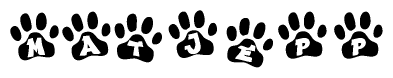 The image shows a series of animal paw prints arranged in a horizontal line. Each paw print contains a letter, and together they spell out the word Matjepp.