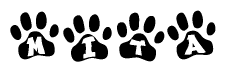 The image shows a series of animal paw prints arranged in a horizontal line. Each paw print contains a letter, and together they spell out the word Mita.