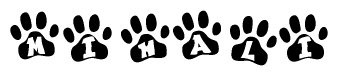 The image shows a series of animal paw prints arranged horizontally. Within each paw print, there's a letter; together they spell Mihali