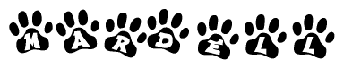 The image shows a series of animal paw prints arranged in a horizontal line. Each paw print contains a letter, and together they spell out the word Mardell.