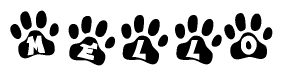 The image shows a series of animal paw prints arranged horizontally. Within each paw print, there's a letter; together they spell Mello