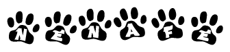 The image shows a series of animal paw prints arranged horizontally. Within each paw print, there's a letter; together they spell Nenafe