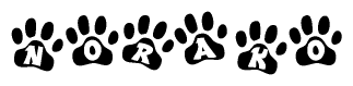 The image shows a row of animal paw prints, each containing a letter. The letters spell out the word Norako within the paw prints.