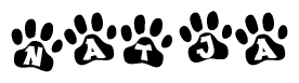 The image shows a series of animal paw prints arranged horizontally. Within each paw print, there's a letter; together they spell Natja