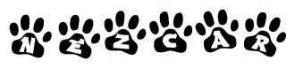 The image shows a row of animal paw prints, each containing a letter. The letters spell out the word Nezcar within the paw prints.
