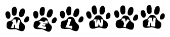 The image shows a row of animal paw prints, each containing a letter. The letters spell out the word Nelwyn within the paw prints.