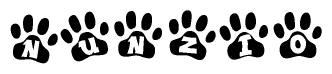The image shows a series of animal paw prints arranged horizontally. Within each paw print, there's a letter; together they spell Nunzio