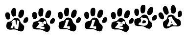 The image shows a series of animal paw prints arranged in a horizontal line. Each paw print contains a letter, and together they spell out the word Nelleda.