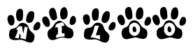 The image shows a row of animal paw prints, each containing a letter. The letters spell out the word Niloo within the paw prints.