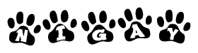 The image shows a series of animal paw prints arranged in a horizontal line. Each paw print contains a letter, and together they spell out the word Nigay.