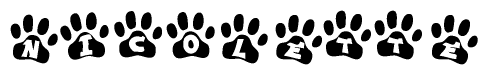 The image shows a series of animal paw prints arranged in a horizontal line. Each paw print contains a letter, and together they spell out the word Nicolette.