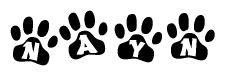 The image shows a row of animal paw prints, each containing a letter. The letters spell out the word Nayn within the paw prints.