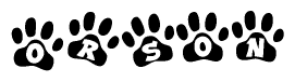 The image shows a series of animal paw prints arranged horizontally. Within each paw print, there's a letter; together they spell Orson