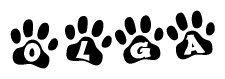 The image shows a series of animal paw prints arranged horizontally. Within each paw print, there's a letter; together they spell Olga