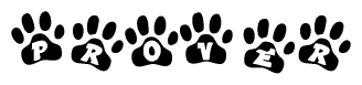 The image shows a series of animal paw prints arranged in a horizontal line. Each paw print contains a letter, and together they spell out the word Prover.