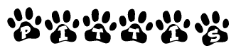 The image shows a series of animal paw prints arranged in a horizontal line. Each paw print contains a letter, and together they spell out the word Pittis.