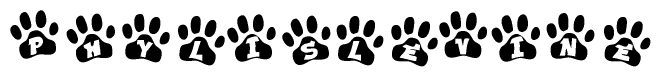 The image shows a row of animal paw prints, each containing a letter. The letters spell out the word Phylislevine within the paw prints.