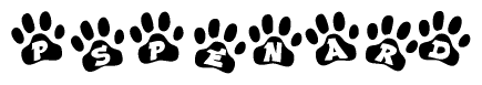 The image shows a series of animal paw prints arranged in a horizontal line. Each paw print contains a letter, and together they spell out the word Pspenard.