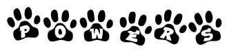 The image shows a series of animal paw prints arranged horizontally. Within each paw print, there's a letter; together they spell Powers