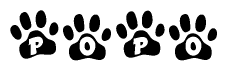 The image shows a series of animal paw prints arranged in a horizontal line. Each paw print contains a letter, and together they spell out the word Popo.