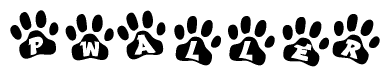 The image shows a row of animal paw prints, each containing a letter. The letters spell out the word Pwaller within the paw prints.