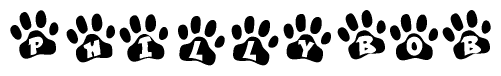 The image shows a series of animal paw prints arranged in a horizontal line. Each paw print contains a letter, and together they spell out the word Phillybob.
