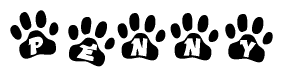 The image shows a row of animal paw prints, each containing a letter. The letters spell out the word Penny within the paw prints.