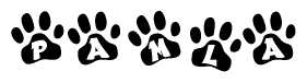 The image shows a row of animal paw prints, each containing a letter. The letters spell out the word Pamla within the paw prints.