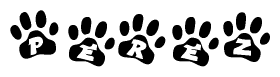 The image shows a series of animal paw prints arranged in a horizontal line. Each paw print contains a letter, and together they spell out the word Perez.
