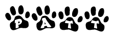 The image shows a row of animal paw prints, each containing a letter. The letters spell out the word Patt within the paw prints.