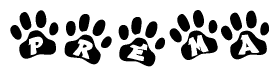 The image shows a row of animal paw prints, each containing a letter. The letters spell out the word Prema within the paw prints.