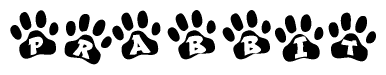 The image shows a row of animal paw prints, each containing a letter. The letters spell out the word Prabbit within the paw prints.